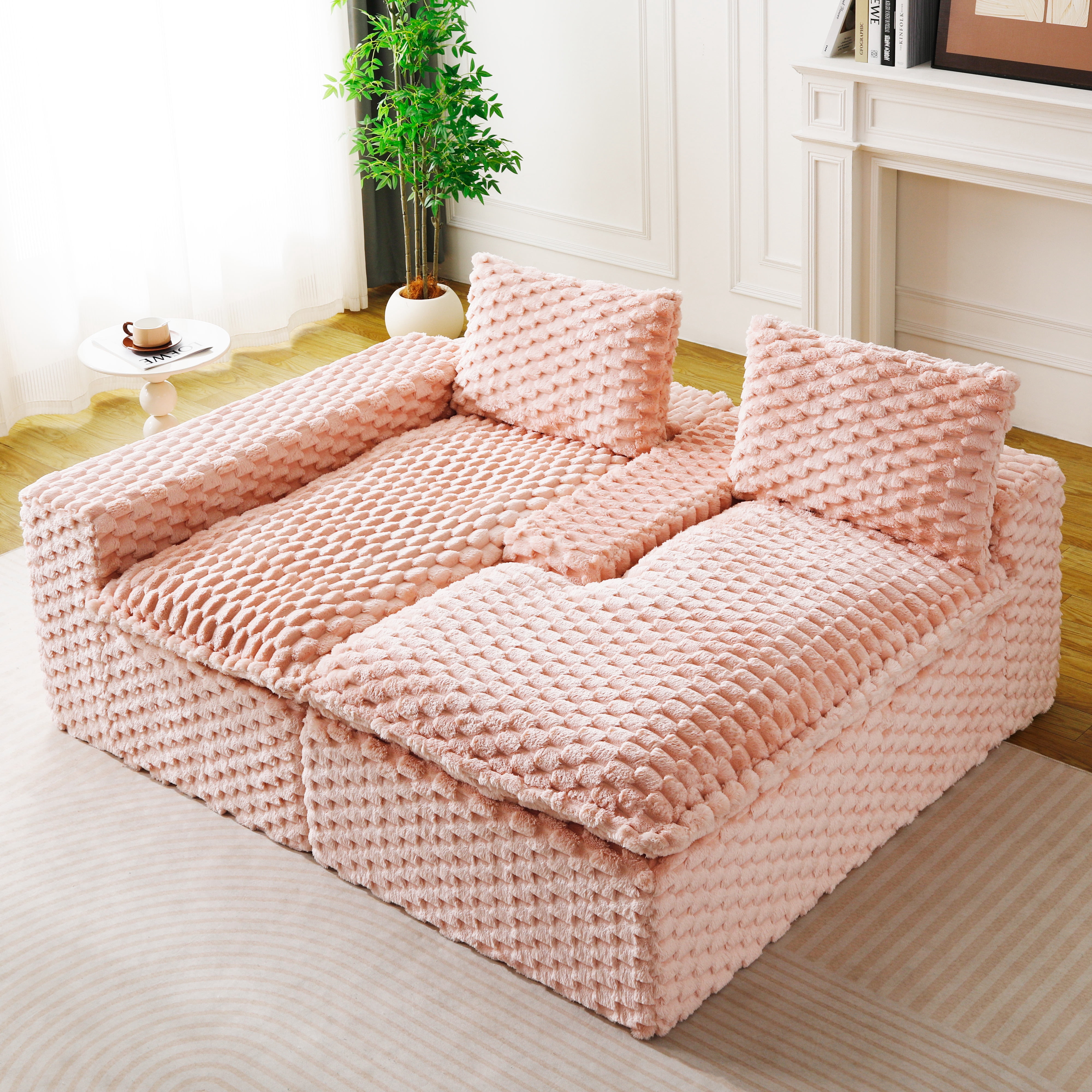 HOQBN 96"W Modular Sectional Sofa,L Shape Modern Corduroy Cloud Couch,Upholstered Deep Seat Boneless Sofa Couch with Left Chaise Lounge for Living Rooms,No Assembly Required,Pink
