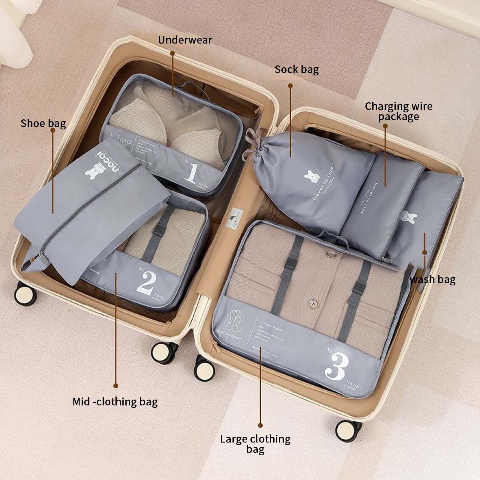 Summercome 7 Set Packing Cubes, Luggage Packing Organizers for Travel Accessories, Space Saving Travel Bags for Carry On, Lightweight Zipper, Clothes, Shoes and Laundry Bag, Suitcases (Gray)