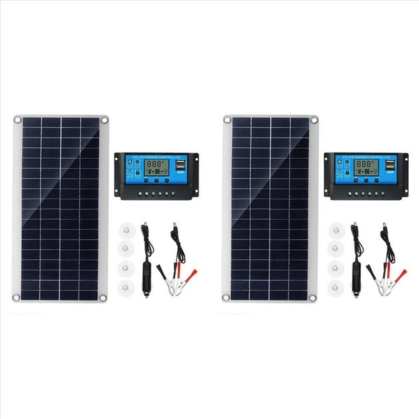 2X Células Solares de Panel Solar Flexible de 30 W para Coche, RV, , Techo, Furgoneta, Batería Solar para Acampar, Módulo de Controlador Solar 10A