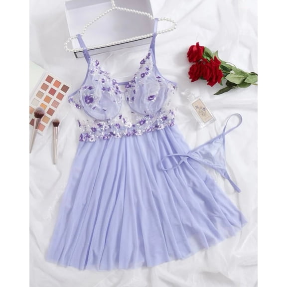 Plus Size Lingerie Purple Floral Mesh Slip Set Embroidered