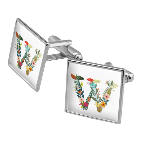 Letter W Floral Monogram Initial Square Cufflink Set - Silver or Gold