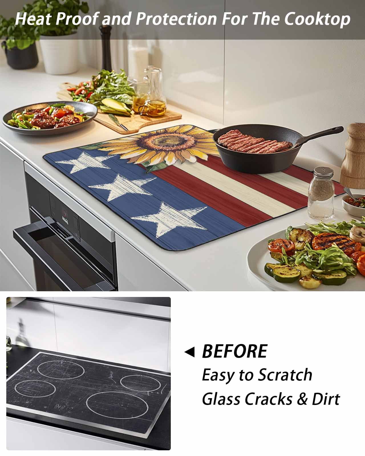 Stove Top Covers for Electric Stove, Sunflower America Flag Glass Stovetop Cover Protector, Farmhouse Retro US Flag Induction Cooktop Protector Oven Mat for Kitchen Countertop 24"x21"