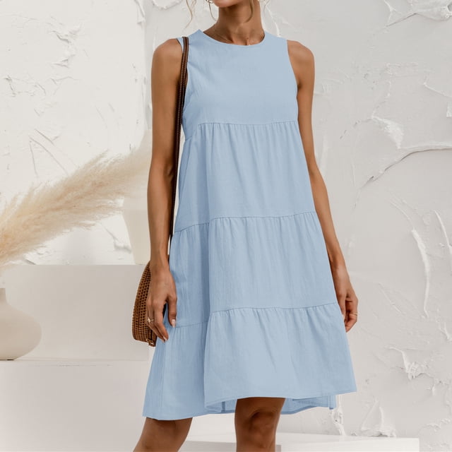 Vestido A Media Pierna Vestido de playa para mujer Casua Vestido de retazos sin mangas Cuello redondo Ropa diaria suelta Cgtredaw Azul Xxl para Mujer