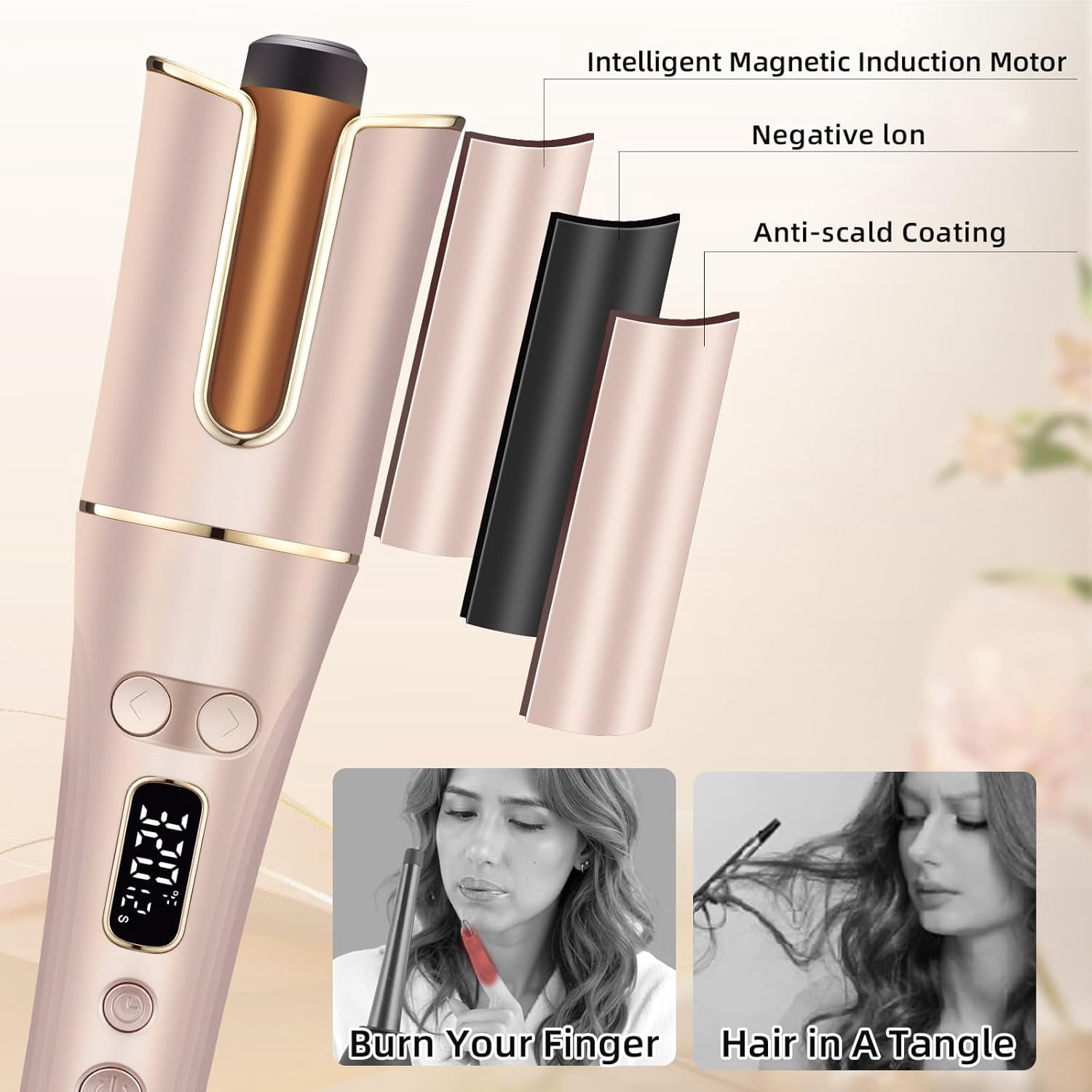 Automatic Hair Curler with 5 Temperature & 3 Timer Settings, Auto-Rotating Ceramic Curling Iron with LCD Display, Anti-Tangle & Anti-Scald Design