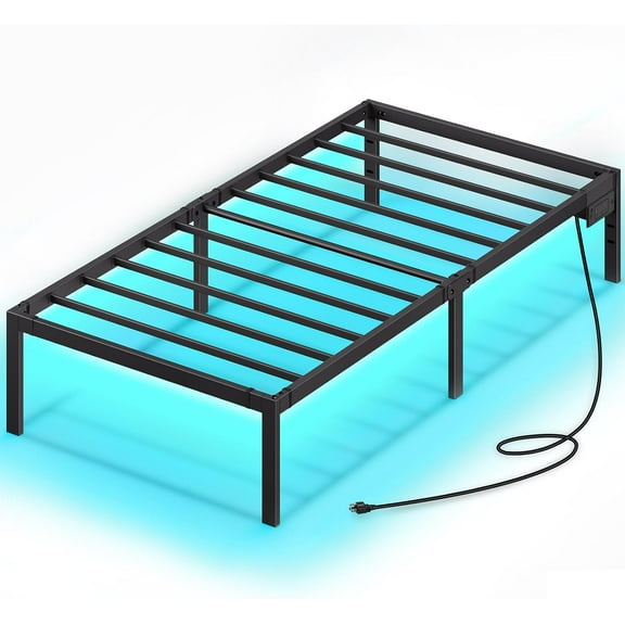 Bed Frame with USB Charging Station, Twin Bed Frame with LED Lights, Platform Bed Frame with Heavy Duty Steel Slats, 14" Storage Space Beneath Bed