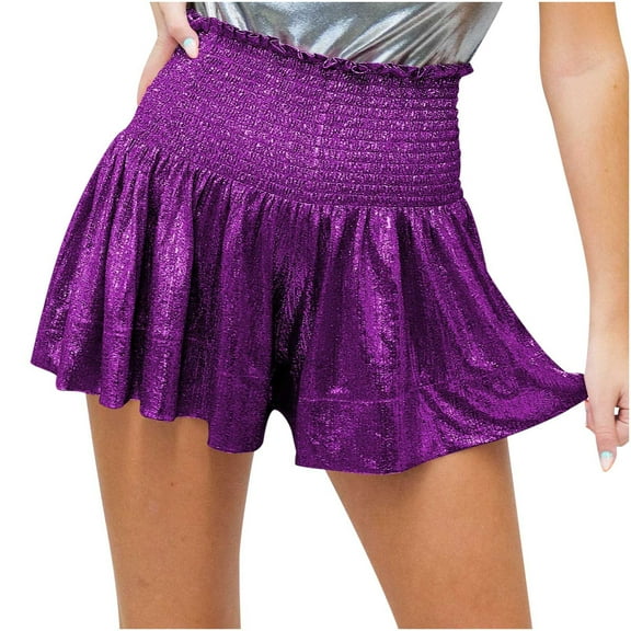 YYDGH Womens Sequin Shorts Elastic High Waisted Pleated Ruffle Cute Shorts Beach Flowy Casual Glitter Sparkly Shorts Purple S