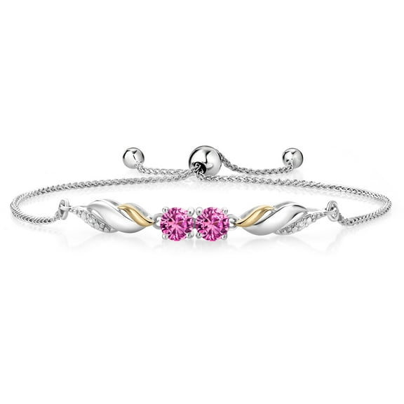 Gem Stone King 1.12 Ct Round Pink Created Sapphire 925 Silver and 10K Yellow Gold Lab Grown Diamond Bracelet for Women