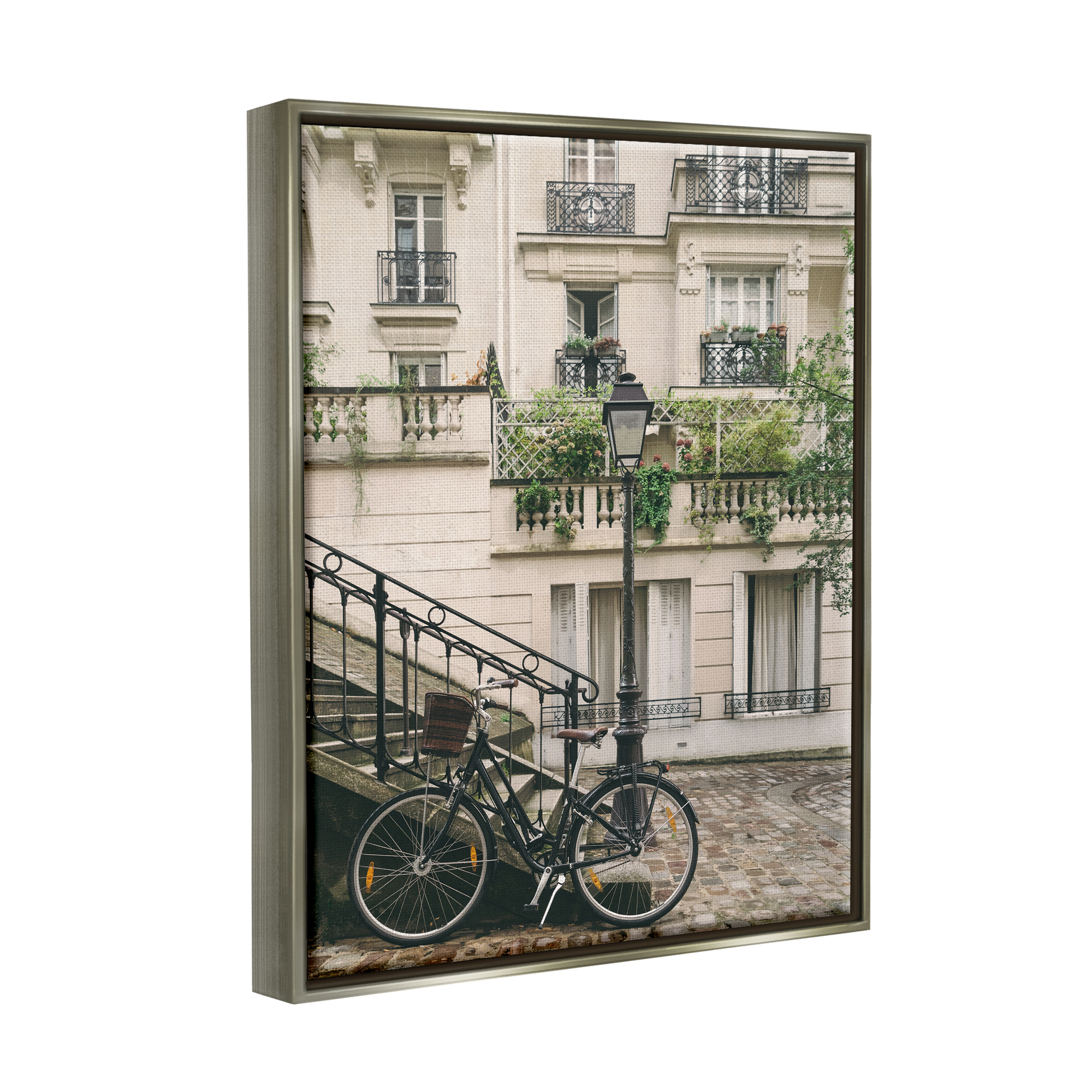 Stupell Industries Bike in Town Photography Travel & Places Photography Gray Floater Framed Art Print Wall Art, 17 x 21