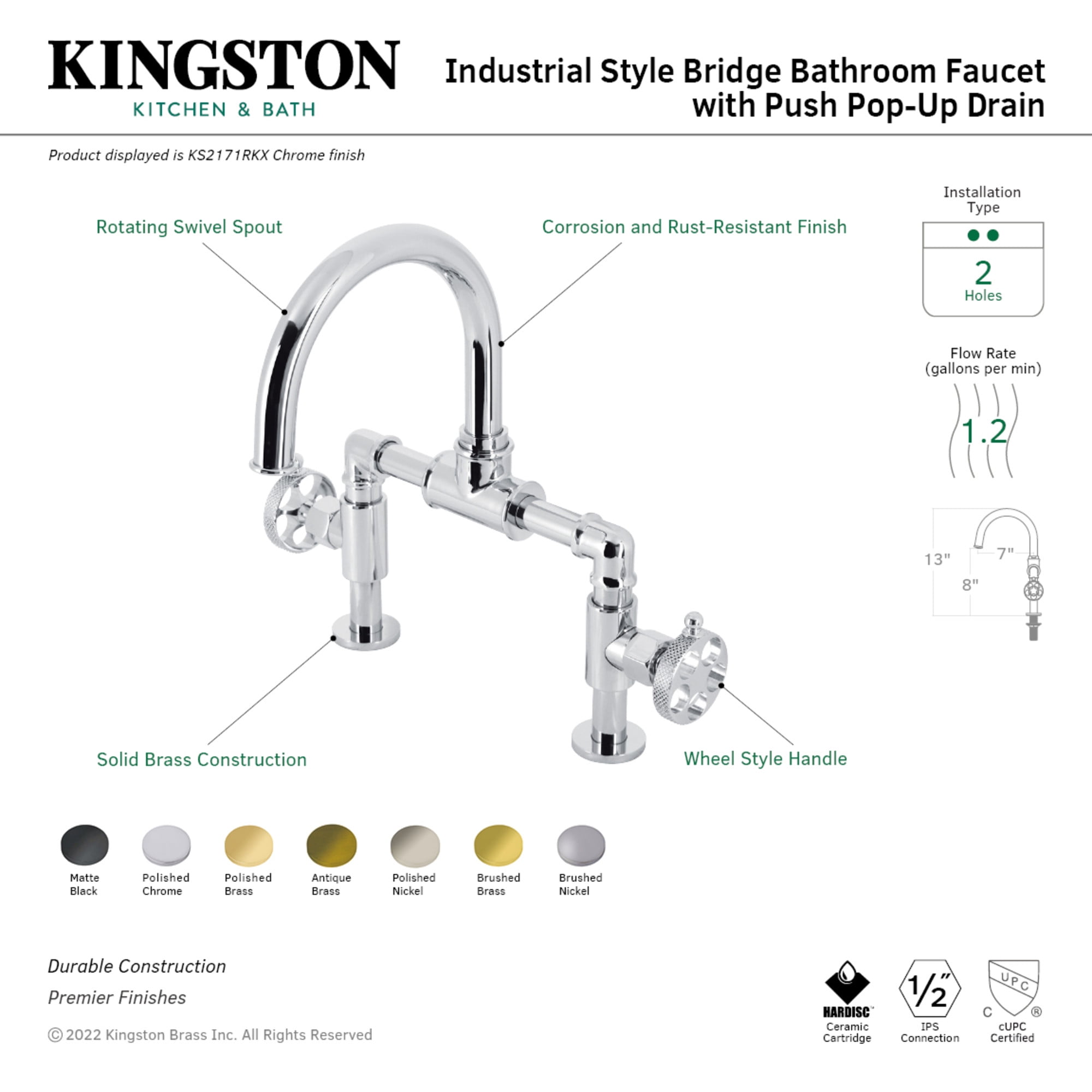 Kingston Brass KS2170RKX Webb Bridge, Matte Black Bathroom Faucet with Knurled Handle and Push Pop-up Drain