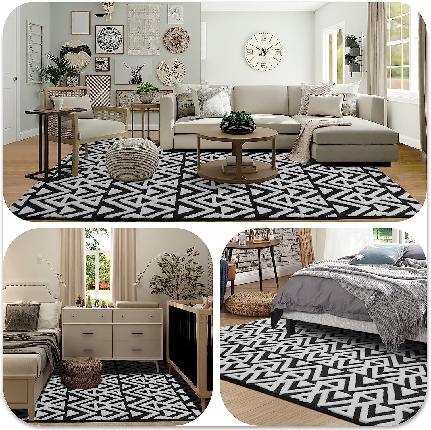 Lochas Soft Shaggy Rugs Geometric Area Rug Fluffy Carpet for Living Room Fluffy Accent Carpet Home Decor,5'x8',Black