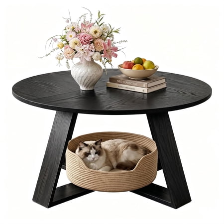 Round Coffee Table for Living Room with Open Storage Black Wooden | Circle Center Accent Modern Table with Sturdy Base for Small Space Office Apartment Easy Assembly