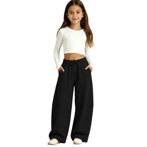 Landzoo Little Girls Athletic Pants Curved Leg Sweatpants With Pockets And Drawstring Fall Casual Kid Girls Baggy Trousers