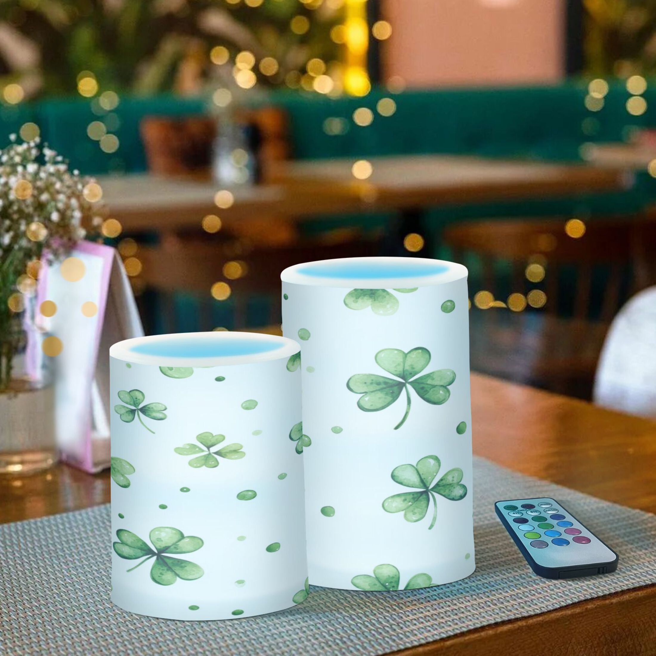 2 PCS Flameless Candles with Remote Timer LED Battery Operated Flickering Candle Light for Wedding Table Home Decoration Gifts Shamrock Leaves