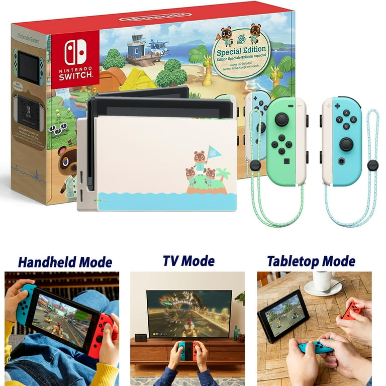Nintendo Switch Console with Joy Con Controllers Animal Crossing Special Edition Thin Protective Case Boost Pak Dock Bands AC Power Cord 24