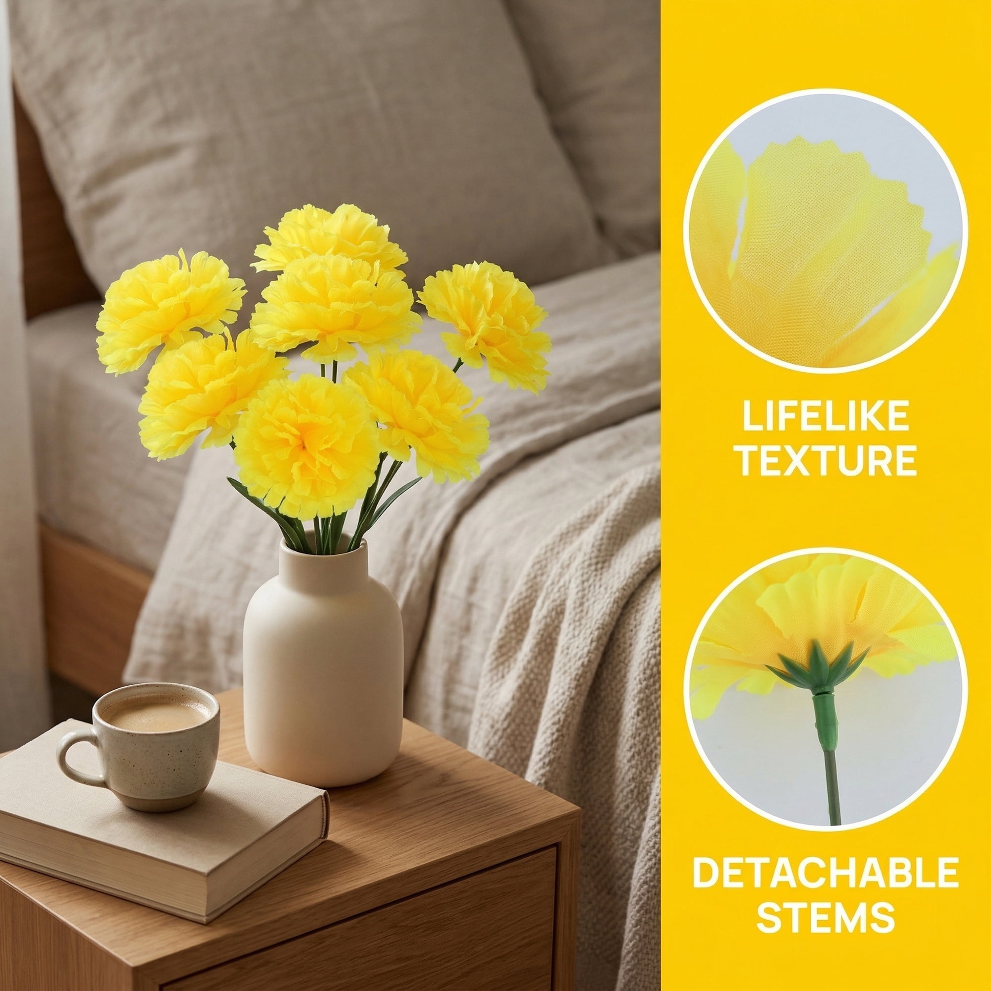 Unique Bargains Artificial Silk Carnation Bouquets with Detachable Heads Yellow 5.9 in