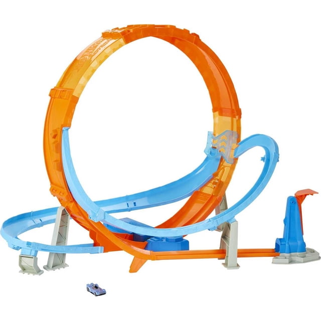 hot wheels toy car track set massive loop mayhem with 1:64 scale car, 28-inch tall loop, powered by motorized booster Vista frontal centrada del set Hot Wheels Massive Loop Mayhem con un bucle de 28 pulgadas en plástico naranja y rieles azules, lanzador motorizado en la base, soportes grises y un coche Hot Wheels escala 1:64 incluido. Colores surtidos; diseñado para pruebas de sincronización de múltiples autos y añadir más vehículos Hot Wheels (se venden por separado). También suele usarse para exhibir colecciones pequeñas en estantes de juego.