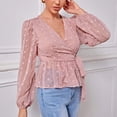 thumbnail image 4 of Camisa de manga larga con cuello en V Puntos suizos Puños elásticos Dobladillo con volantes Top cruzado con nudo para citas en el trabajo, 4 of 8