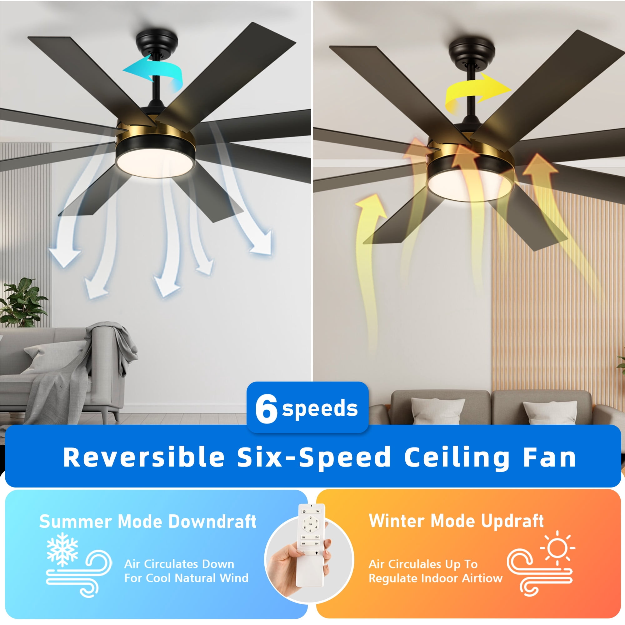 Dextrus 60 inch Modern Black Ceiling Fan with Light and Remote, DC Fanlight for Livingroom, Bedroom, 8 Blades, Reverse Airflow,6 Speeds, 3 Color Temperatures - Black & Gold
