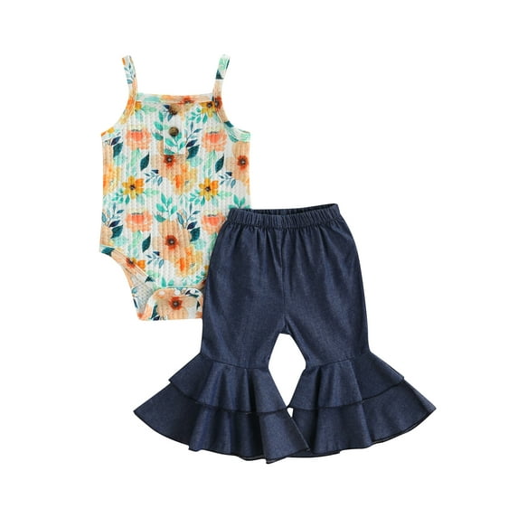 Seyurigaoka Baby Girl Clothing Set, Newborn Infant Square Neck Sleeveless Floral Printed Romper Elastic Waist Pants