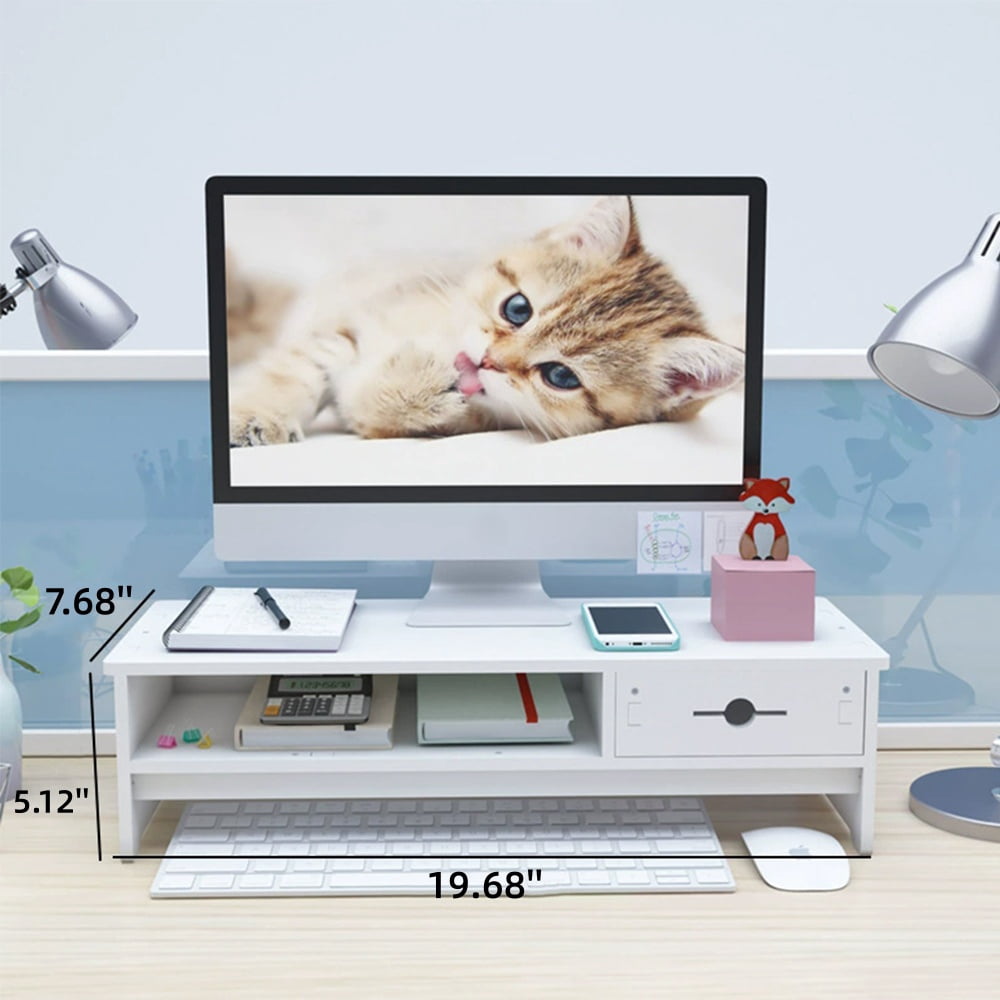 White Monitor Stand, Monitor Riser for Desk & Laptop, Computer Stand with Drawer