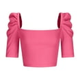 thumbnail image 4 of RYRJJ Women's Elegant Puff Short Sleeve Crop Tops Ribbed Knit Square Neck Basic Slim Fit T-Shirt Blouse(Hot Pink,3XL), 4 of 5