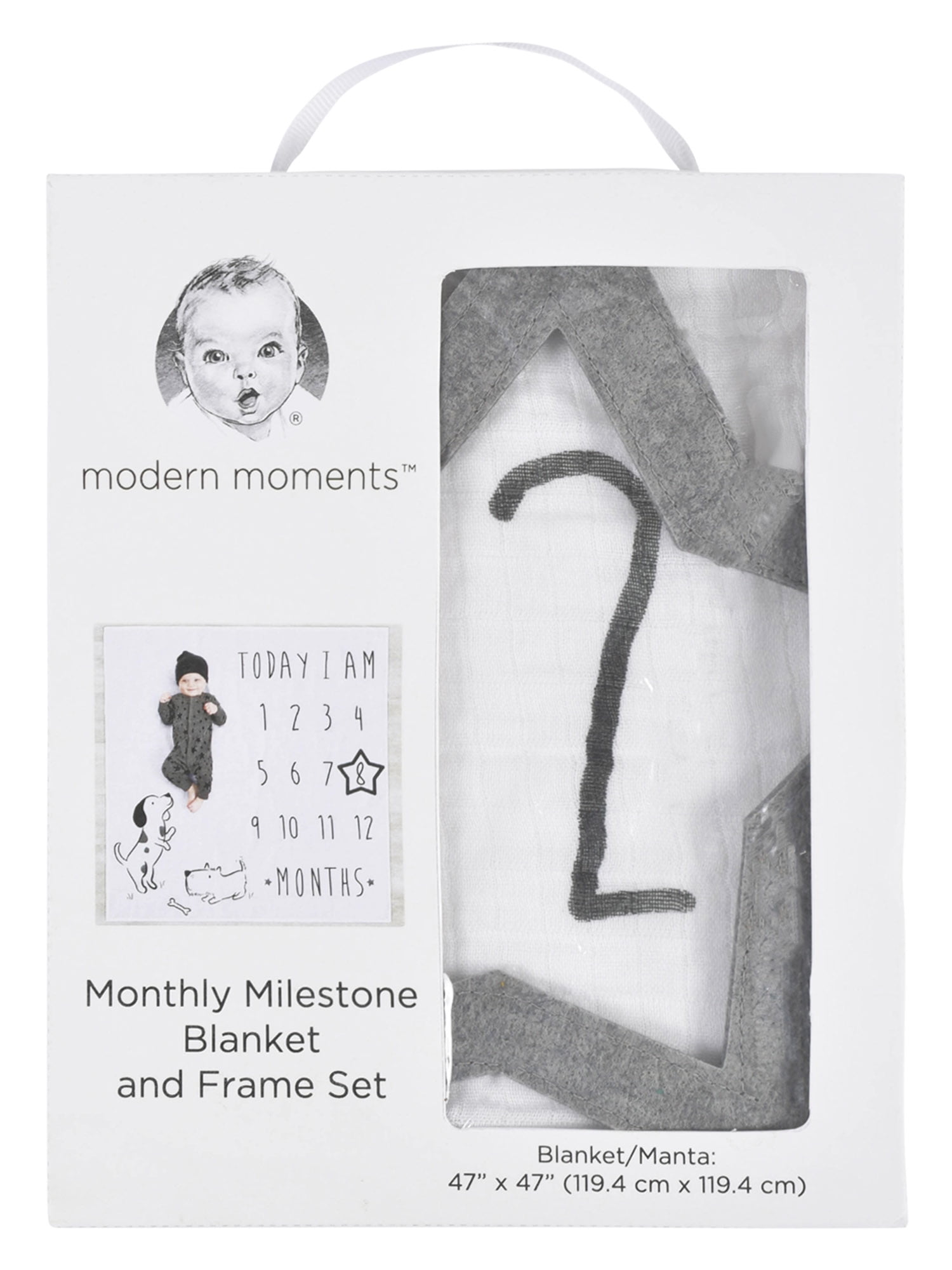 Modern Moments by Gerber Baby Boy Milestone Blanket & Frame Set, 2-Piece, White Puppies