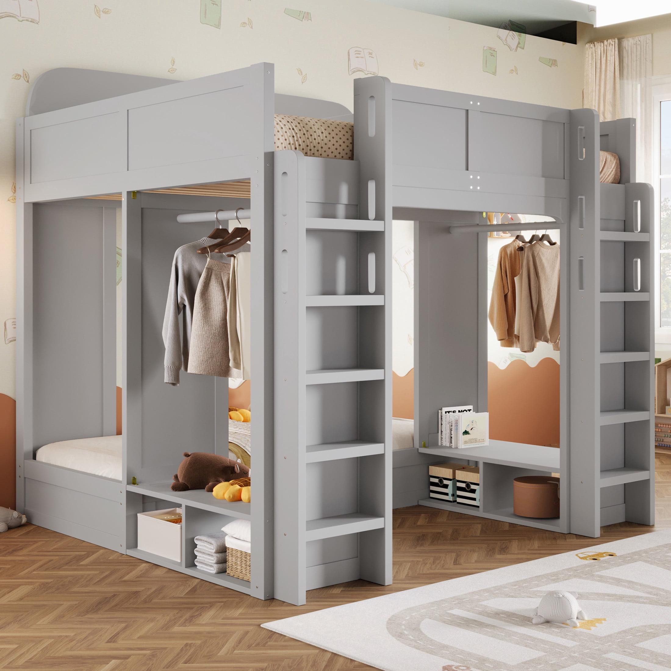 Noble House Triple Bunk Bed, Twin + Twin over Twin XL Loft Bed with Storage Shelves and Hooks, Space Saving, Gray