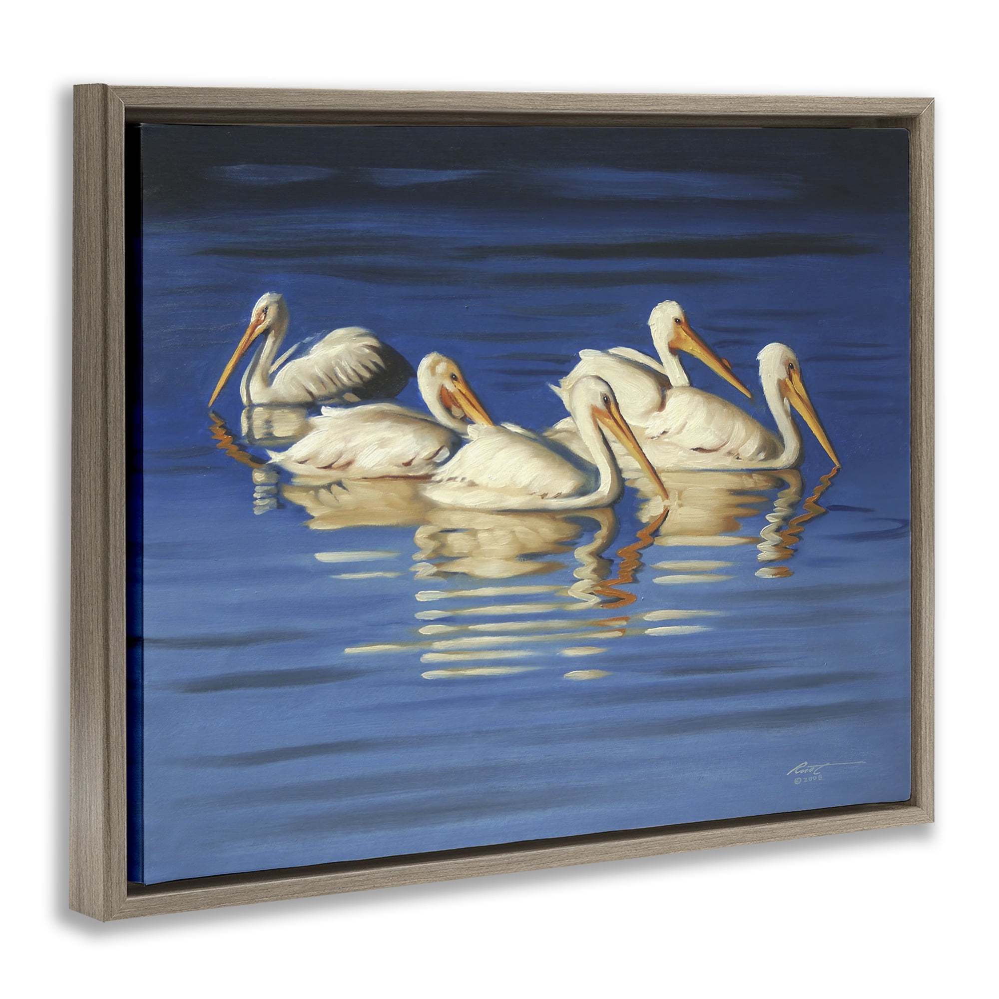 Stupell Industries Pelican Flock Lake Ripples Animals & Insects Painting Brown Floater Framed Canvas Art Print Wall Art, 21 x 17
