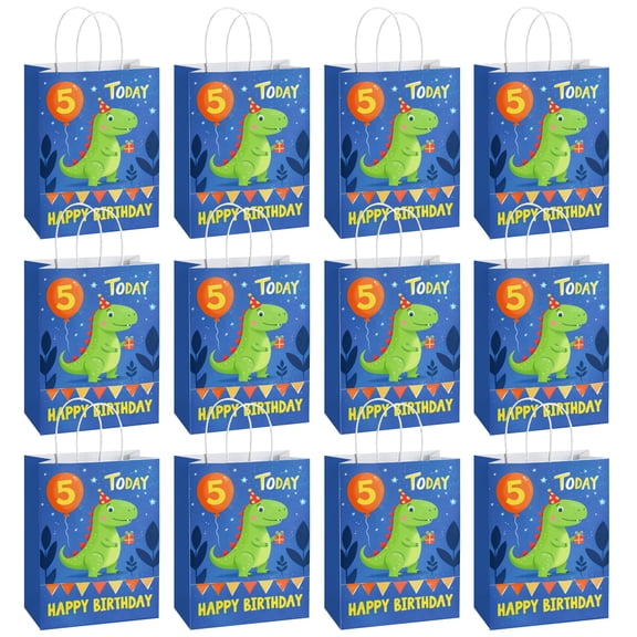 12 Pack 5th Birthday Dinosaur Gift Bags, Medium Paper Party Bags with Handles for Celebrations