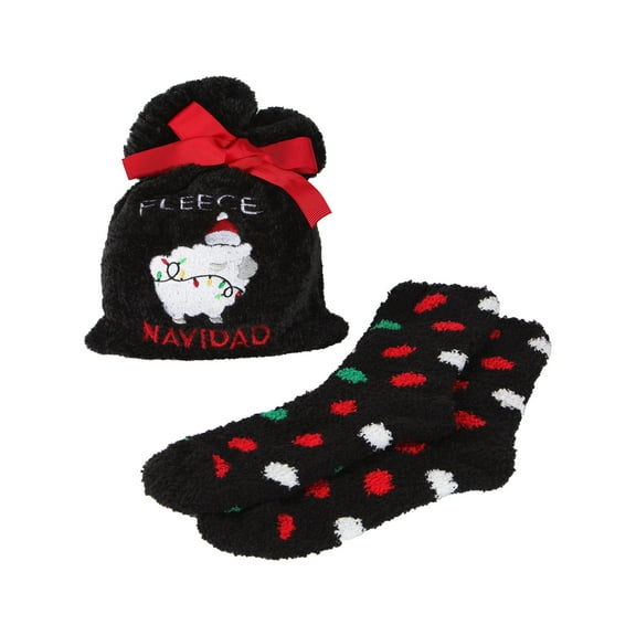 MeMoi Fleece Navidad Cozy Polka-Dot Socks & Gift Bag Set, One Size, Black