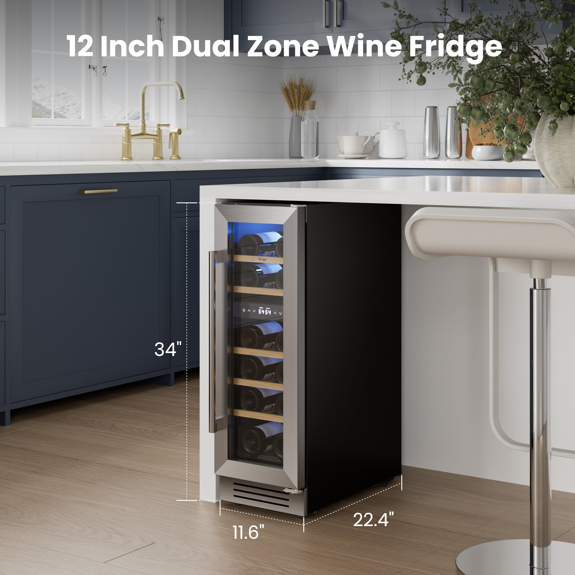 Yeego Wine Fridge Cooler - 12 Inch Wine Fridge Hold 17 Bottles, 40-65°F Dual Zone Wine Refrigerator Glass Door, Built in Fridge, Freestanding or Adjustable Shelves Fridge for Home Bar Office