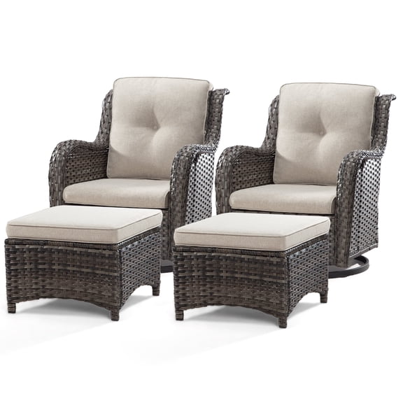 MeetLeisure 4 Pieces Outdoor Patio Furniture Set,Including 2 Swivel Rocking Chairs with 2 Ottomans, Beige