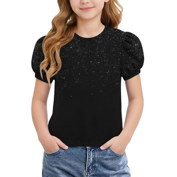 Kukoosong Girls' Gradient Color T-Shirts with Puff Sleeves, Casual Short Sleeve Crewneck Graphic Tees, Summer Outfit Fashion Top for Kids