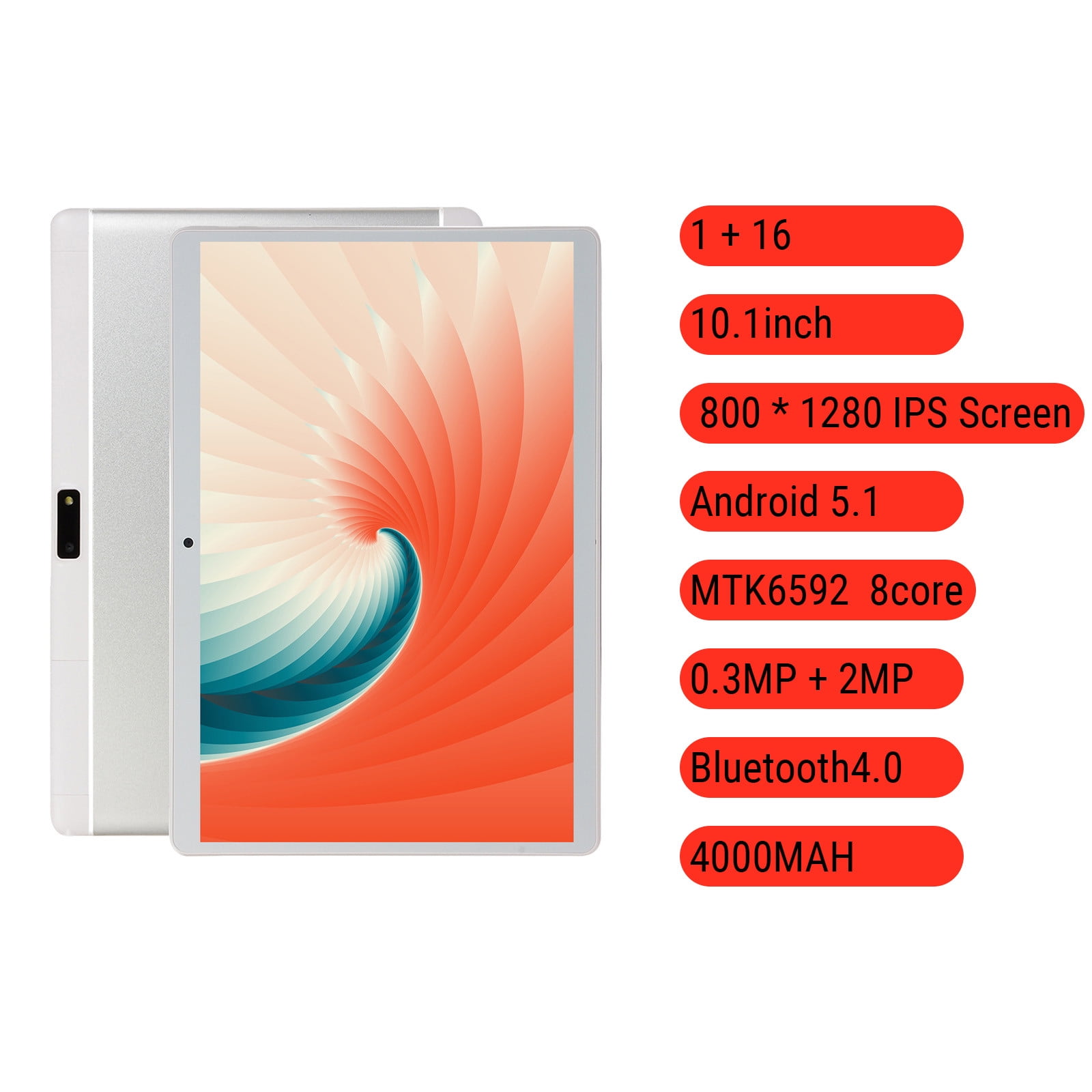 10.1-inch Android Tablet, Octa-Core Processor, 1GB RAM, 16GB Storage, WiFi, Bluetooth, GPS, 0.3MP Front & 2MP Rear Camera