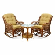 Malibu Handmade Natural Rattan Living Room Set of 2 Rocking Lounge Chairs with Light Brown Cushions and Round Coffee Table with glass Colonial (Light Brown Color)
