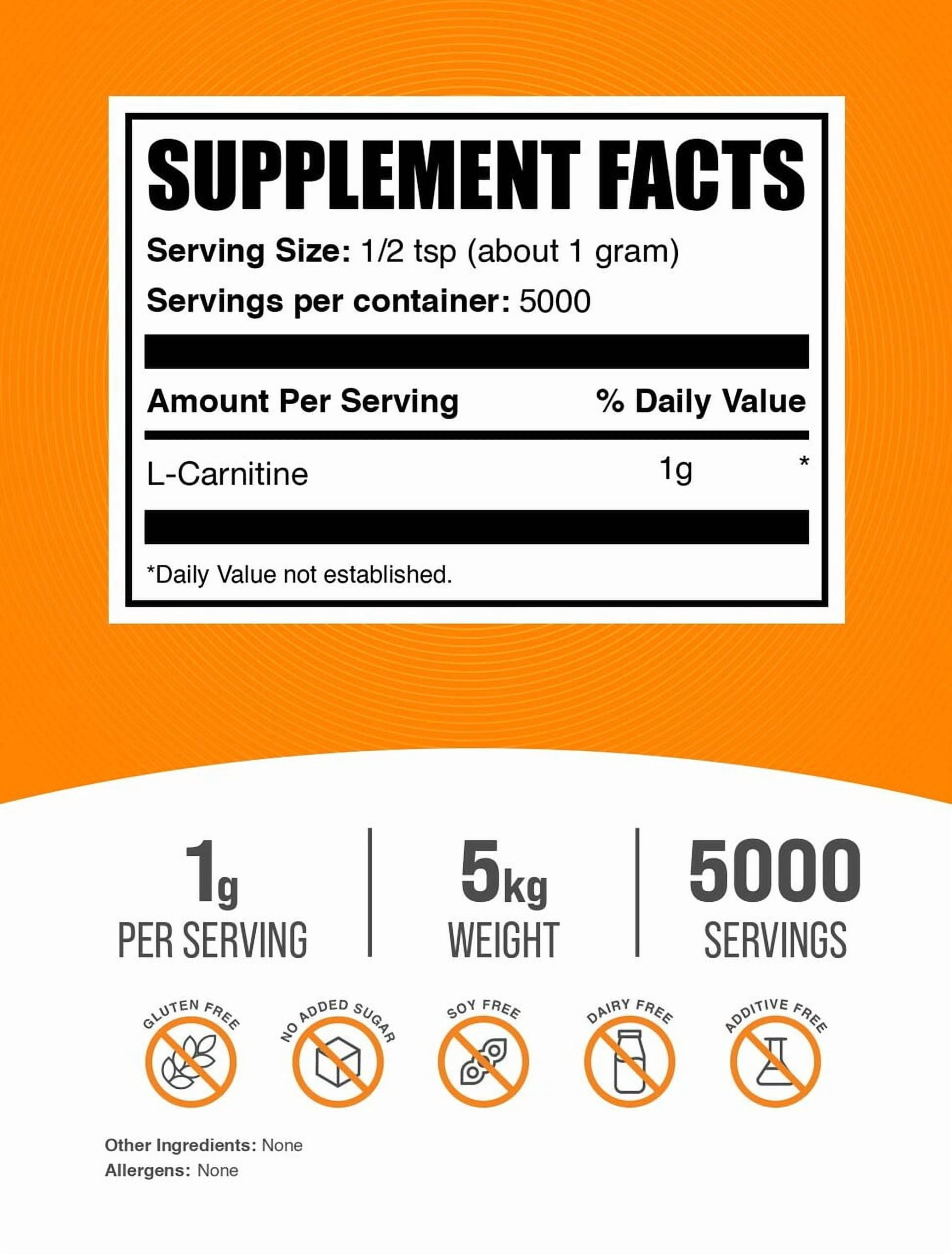 BulkSupplements L-Carnitine Powder - Carnitine Supplement, Amino Acid Supplement - Unflavored, 1g per Serving, 5kg (11 lbs)