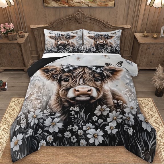 Erosebridal Cute Highland Cattle Comforter Sets Twin Size,Vintage Farm Animal Comforters & Duvets,White Floral Bedding Twin Comforter Set,Ultra Soft Bedroom Decorative Reversible,2-Piece