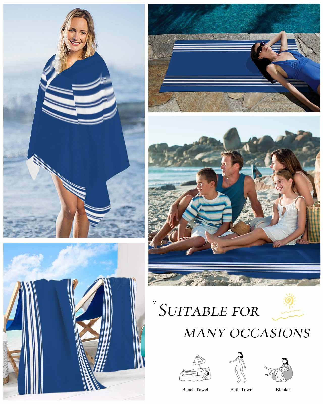 Blue Striped Beach Towels Oversized Super Absorbent, Farmhouse Blue White Stripes Lightweight Bath Towel Quick Dry Sets For Bathroom/Pool/Rv Camping/Beach Play/Gym Room/Picnic 30"x60"