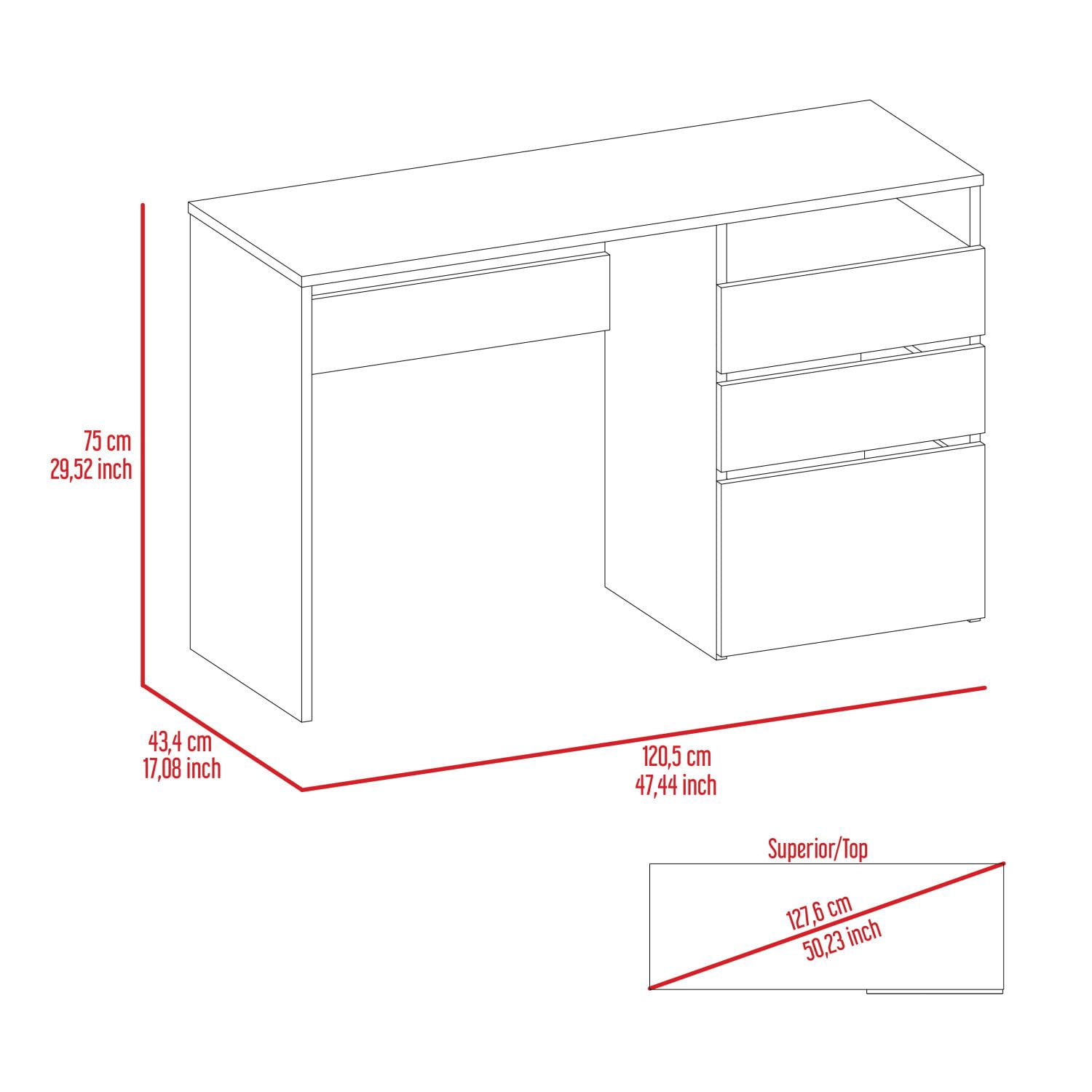 Asteroutdoor Wenge 3-Drawer 1-Shelf Computer Desk, 47.4 in Wide