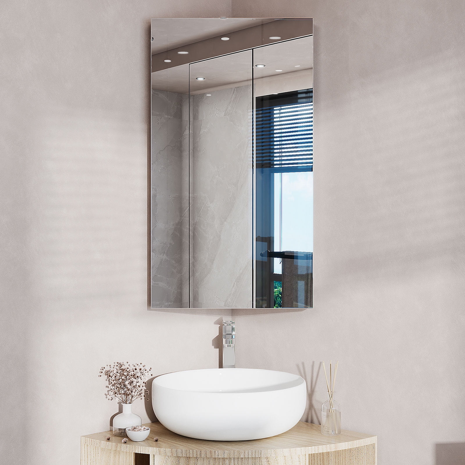 Bathroom Corner Medicine with Mirror, Corner Wall Mount