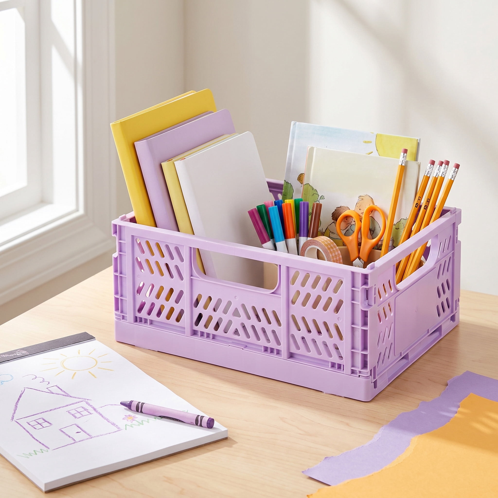Pen+Gear Small Plastic Collapsible Crate, Lavender, 11.41 in x 8.26 in x 4.72 in