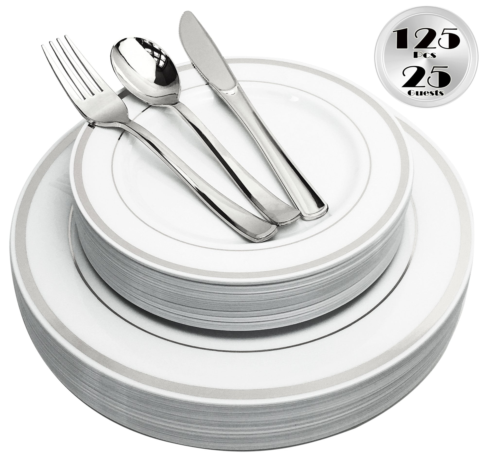 Disposable Sliver Plastic Cutlery Set 25 Cutlery Includes: 25 Dinner Plates WELLIFE 125PCS Black Plastic Plates Silver Lace Design Plates Suitable for Wedding and Party 25 Dessert Plates 
