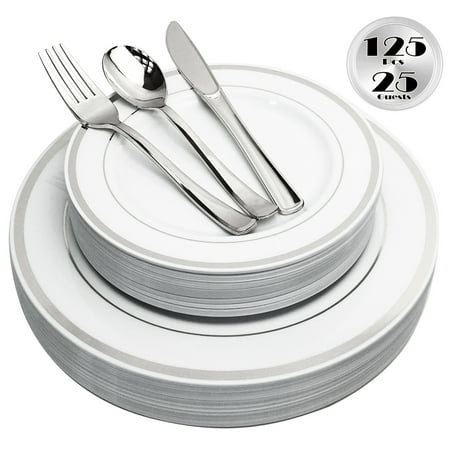 JL Prime 125 Piece Silver Plastic Plates & Cutlery Set, Heavy Duty Disposable Plastic Plates with Silver Rim & Silverware, 25 Dinner Plates,25 Salad Plates, 25 Forks,25 Knives,25 Spoons