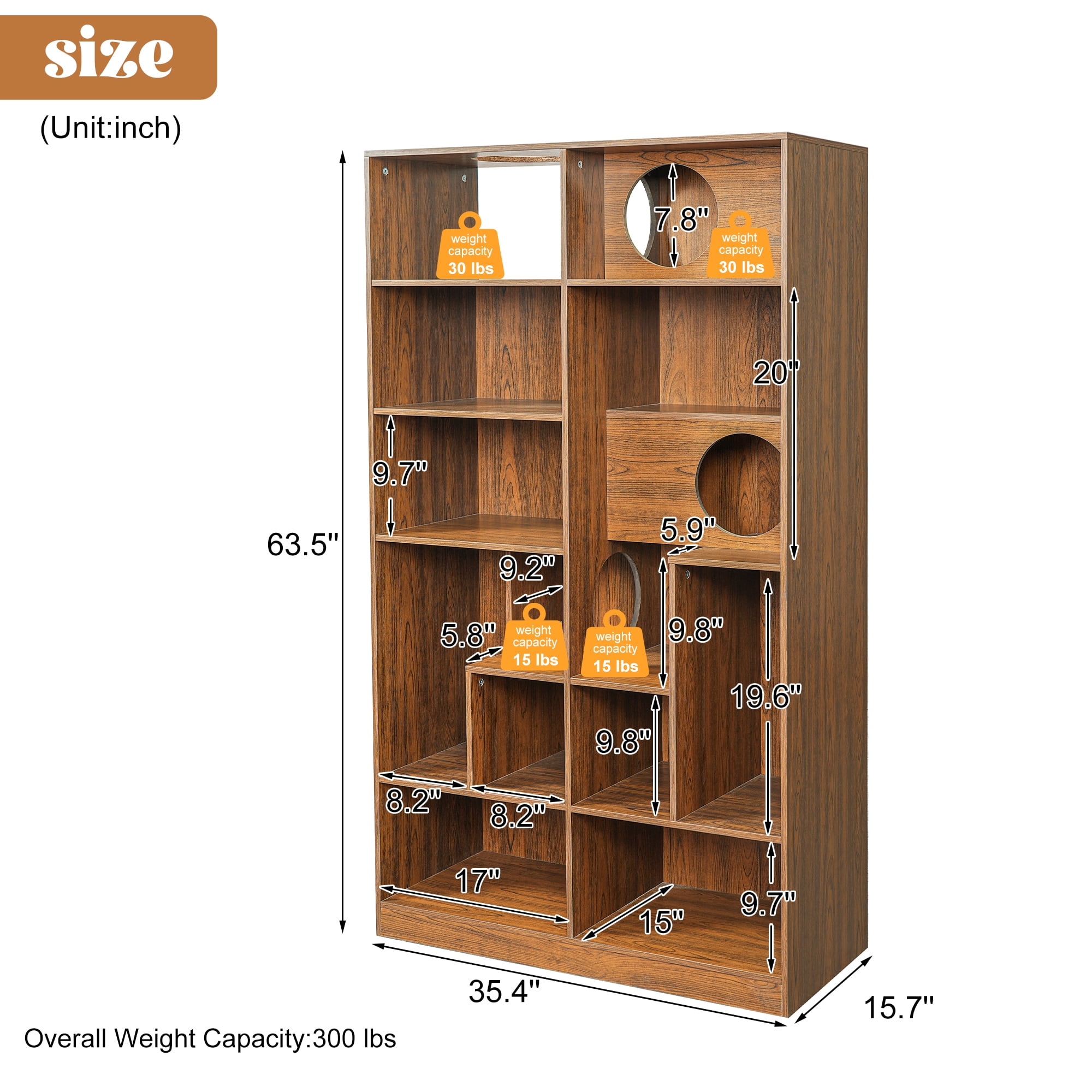 Euroco 2 in 1 Wood Bookshelf Cat House, Modern Cat Tree Display Case with Storage,Built-in Cat Houses and Pass-Through Cat Holes,Cat Litter Box Enclosure Climbing Shelf,Brown