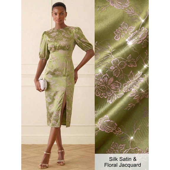 Elegant Yellow Silk Satin Floral Jacquard Round Neck Midi Dress With Split Hem