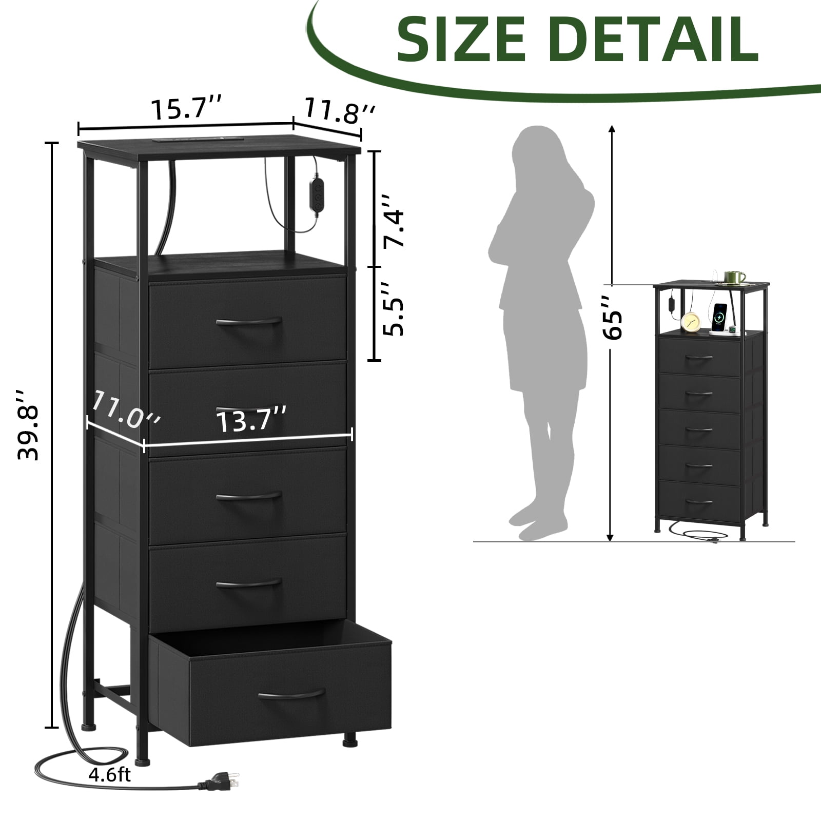 Eunos Black Dresser for Bedroom, 5 Drawer Nightstand with Charging Station, LED and Open Shelf
