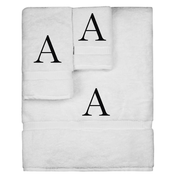 Monogrammed Towel Set, Personalized Gift, Set of 3- Black Block Letter Embroidered Towel - Extra Absorbent 100% Turkish Cotton - Soft Terry Finish - Initial A White