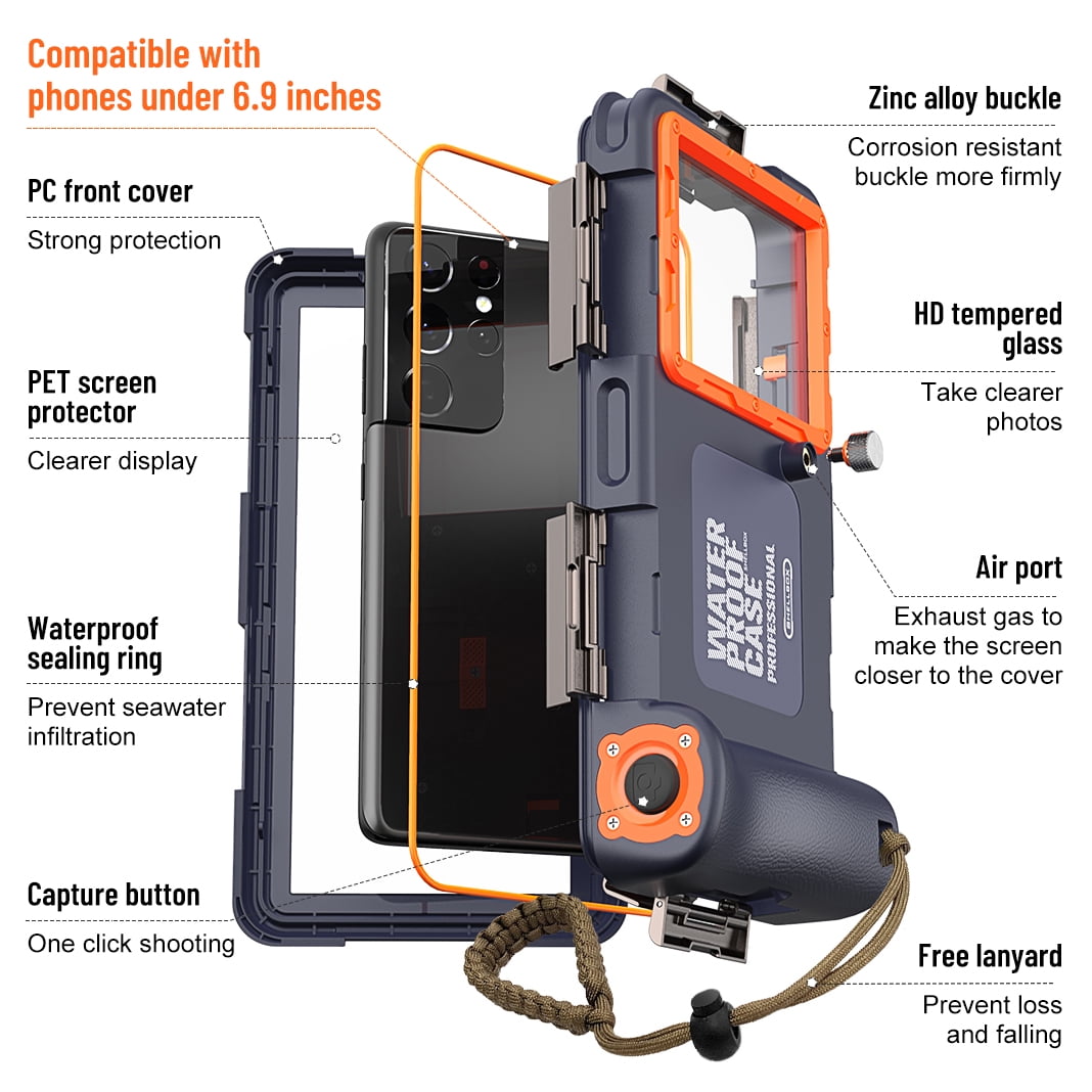 Shellbox 50ft Professional Waterproof Diving Housing for iPhone Samsung Universal Snorkeling Scuba Underwater Smartphones Protective Case for Outdoor Swimming Surfing Drifting with Lanyard(Orange)