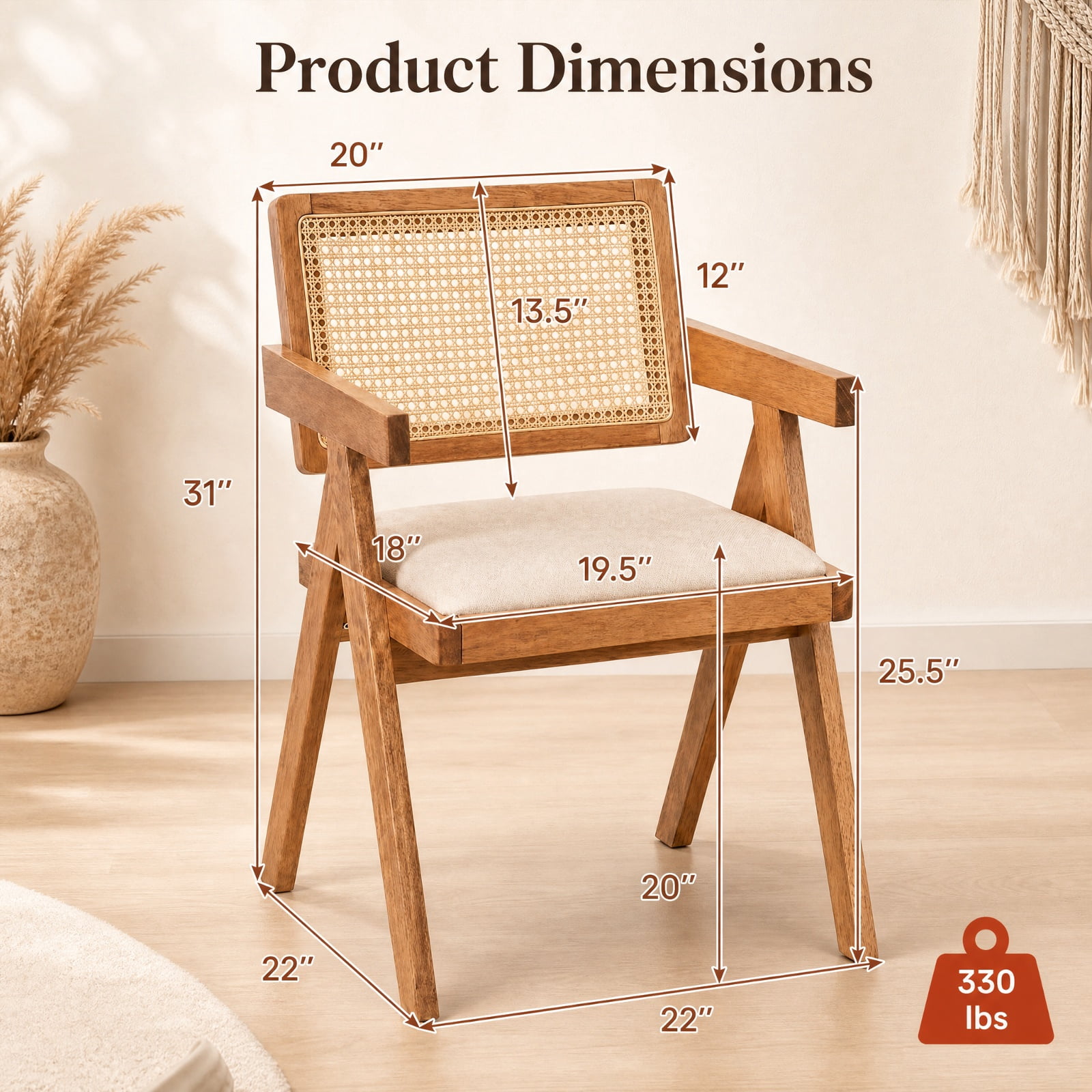 Furnibear Set of 2 Rattan Accent Chairs with Padded Cushion and Rubber Wood Frame for Dining Room Kitchen and Living Room, Beige