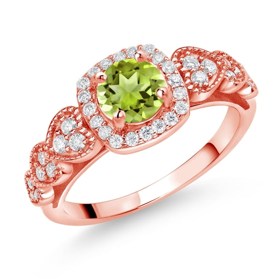 Gem Stone King 18K Rose Gold Plated Silver Green Peridot and White Moissanite Engagement Ring for Women (1.38 Cttw, Round 6MM, Gemstone August Birthstone, Size 7)